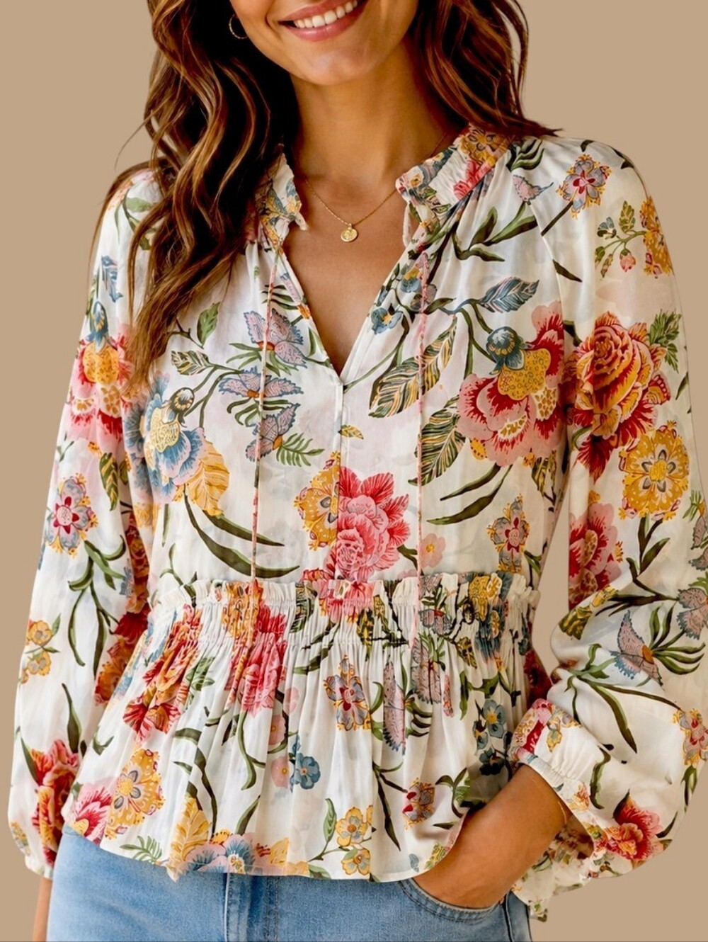 LOFT White Floral Peplum Blouse Size Medium V-Neck Long Sleeve Semi-Sheer Boho